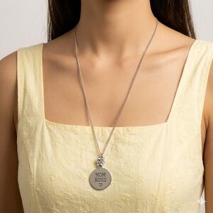 “MOM BOSS” Silver Disc Necklace | Rhinestone Charm Pendant